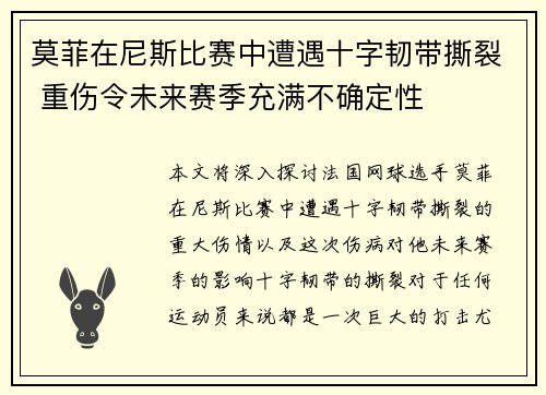 莫菲在尼斯比赛中遭遇十字韧带撕裂 重伤令未来赛季充满不确定性 莫菲在尼斯比赛中遭遇十字韧带撕裂 重伤令未来赛季充满不确定性