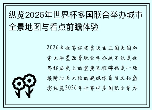 纵览2026年世界杯多国联合举办城市全景地图与看点前瞻体验